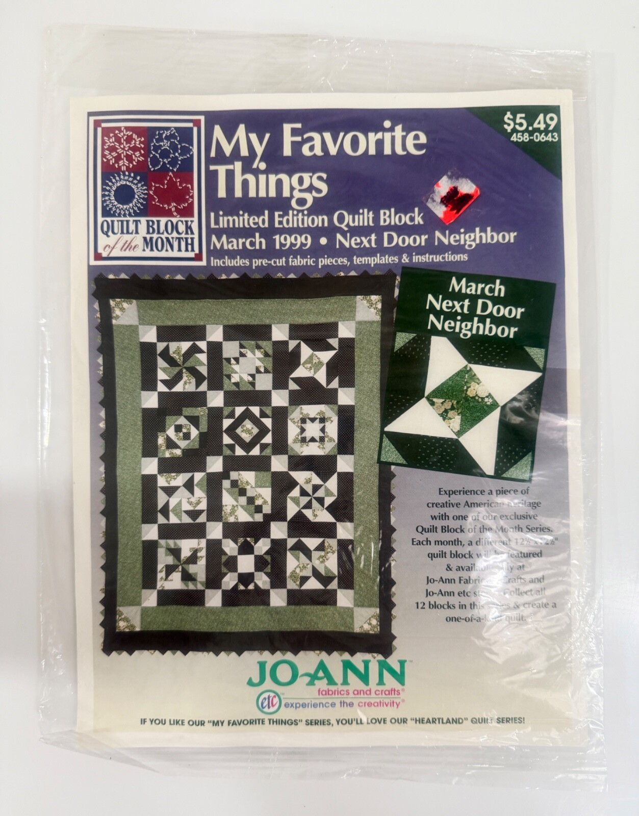 Joann Fabrics My Favorite Things Quilt Block Kit March 1999 - $7.91