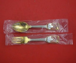Christmas by A. Michelsen Sterling Silver Fork and Spoon Set 2pc 1938 Vermeil - £244.53 GBP