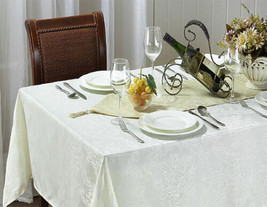 70&quot; Round White Jacquard Tablecloth &amp; Runner Set  Machine Washable Top Q... - £7.77 GBP