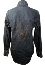 Harley Davidson Denim Shirt Womens S Embroidered Studded Snap Top Blue Vintage - £22.23 GBP