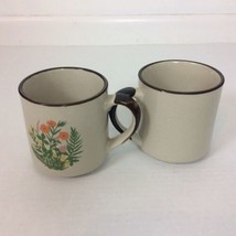 Two 2 Stoneware Floral Coffee Tea Cocoa Mugs Cups 10 oz Orange Poppy Green - $17.75
