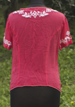 Pink Silk Top Boho Embroidered Bolero Short Sleeve Jacket Vintage Evening Medium - £24.44 GBP