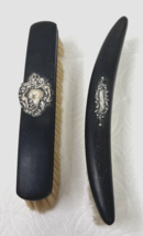 2 Antique Vanity Brushes w Sterling Silver Plaques Dark Wood Cherubs Scr... - $712.61 MXN