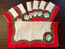 Vintage “Sunweave Linen” Set of 7 Christmas Napkins Holidays Wreaths Red - £23.34 GBP