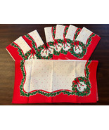 Vintage “Sunweave Linen” Set of 7 Christmas Napkins Holidays Wreaths Red - £23.34 GBP