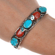 6.5&quot; Vintage Effie Calavaza Zuni Sterling, turquoise, coral snake cuff bracelet - $396.00