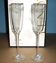 Lenox Heritage Home Etched Vine Crystal Champagne Flute Pair 10&quot;H Gold Rim New - £30.98 GBP