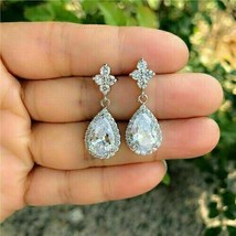 2.3Ct Pear Simulated Halo Drop/Dangle Earrings 14K White Gold Plated Silver - £79.12 GBP
