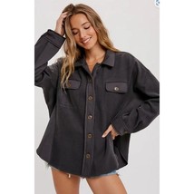 Smoke Grey Brushed Terry Button Up Front Pockets Shacket Large - $58.41