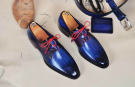 Handmade Blue Patina Leather Men Oxfords Formal Shoe For Men Free Belt &amp;... - $158.59+