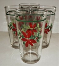 4 Christmas Poinsettia Holly Berry Old Fashion Water Tea Glasses Tumblers Red  - $34.64