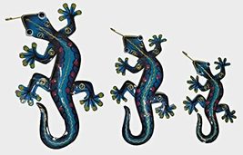 Beautiful Unique Set of 3 Teal Geckos Lizard Metal Tropical Island Wall Art - $34.59