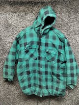 Vintage Wilderness Flannel Coat Adult Large Green Plaid Quilt Lined Snap Up - £29.13 GBP