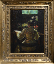 Homey Scene with Flowers and Lady Reading 1897 Norwegian Oil Painting by Hansen - £770.89 GBP