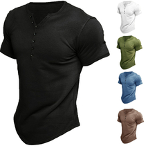 Simple V-Neck Button-Down Shirt for Men Short Sleeve Streetwear Classic ... - £7.46 GBP