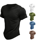Simple V-Neck Button-Down Shirt for Men Short Sleeve Streetwear Classic Top Tees - $9.98