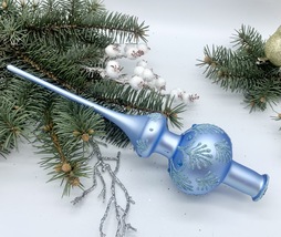 Light Blue Christmas glass tree topper with blue glitter, Christmas finial - $18.29