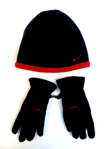 Nike Black &amp; Red Fleece Beanie Skull Cap &amp; Fleece Gloves Boy&#39;s 4-7 NWT - £23.32 GBP