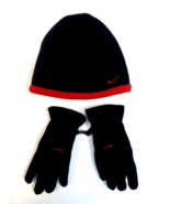 Nike Black &amp; Red Fleece Beanie Skull Cap &amp; Fleece Gloves Boy&#39;s 4-7 NWT - £23.32 GBP