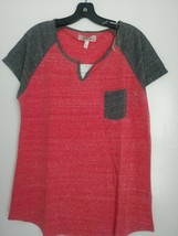  Derek Heart Plus Red/Gray Open slit neck cotton Raglan S/Sleeve Top 1X  - £5.60 GBP