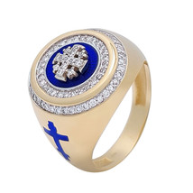 14K Gold Men&#39;s Jerusalem Cross Signet Ring with 83 Diamonds and Blue Enamel - £1,950.40 GBP
