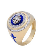 14K Gold Men&#39;s Jerusalem Cross Signet Ring with 83 Diamonds and Blue Enamel - £1,908.72 GBP