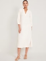 Old Navy Split-Neck Linen-Blend Midi Dress Womens L Ivory Side Slits NEW - £23.17 GBP