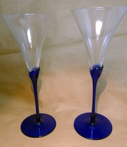 2 COLONY Glasses Flutes Wine Champagne Amaryllis Stem Cobalt Blue 9.6" tall set - $46.05