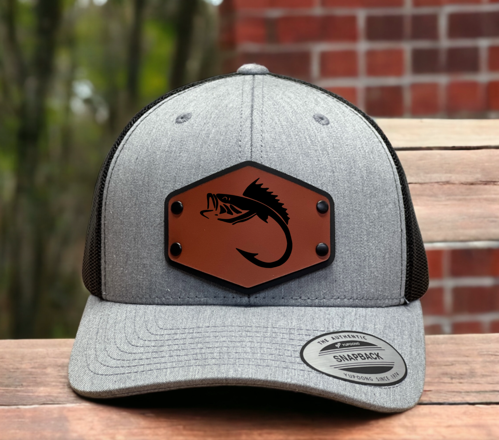 Bass Fish Big Hook Fishing Collection Trucker Hat Cap with Wood Leather ... - $27.99