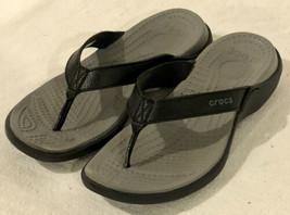 Crocs Yukon Sandals Men&#39;s Sz 9 Black/Gray Leather Flip Flop Slip Ons Pre... - $24.74