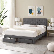 Good &amp; Gracious Dark Grey Queen Size Bed Frame, Platform Bed With Upholstered &amp; - £202.94 GBP