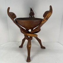 VINTAGE AFRICAN INTERLOCKING SOLID WOODEN FIGURINES CARVED BOWL AND TRIB... - $46.36