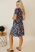 Blue Short Sleeve A-line Floral Dress - $227.96 MXN