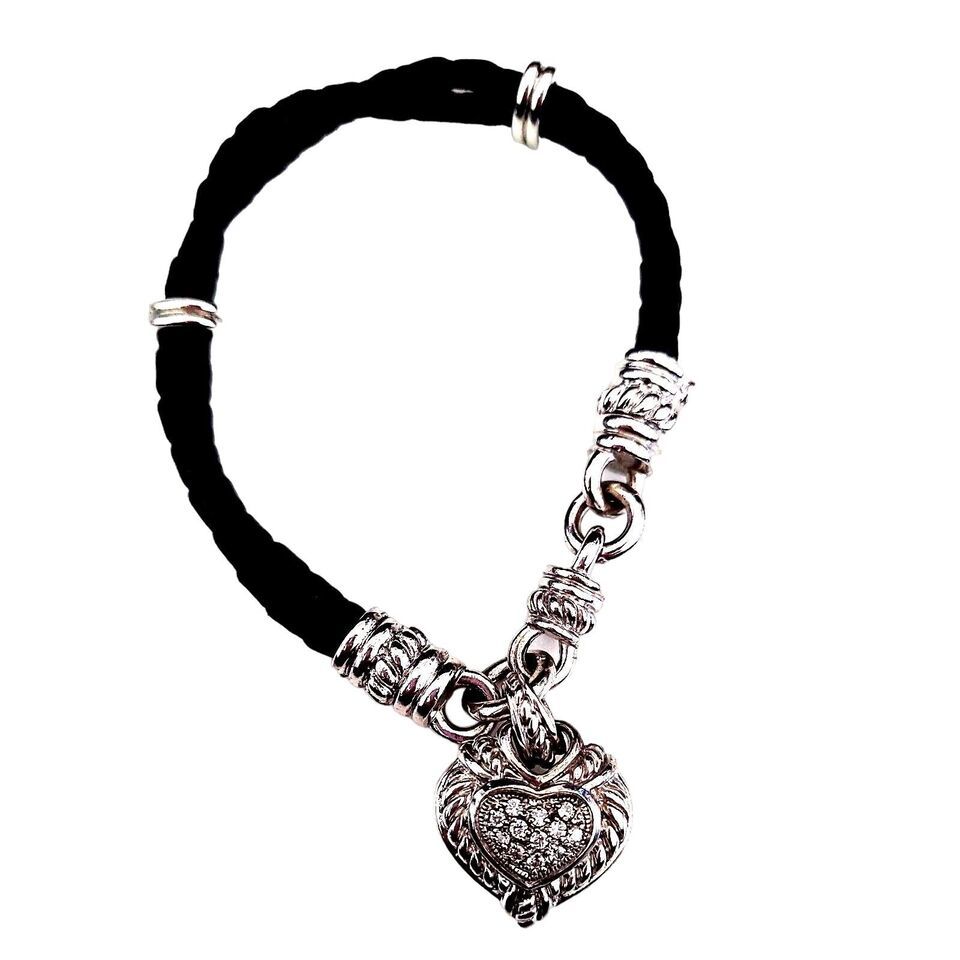 Judith Ripka .925 Sterling Silver Black Braided Leather Bracelet w/ Heart Charm - $96.02