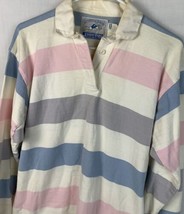 Vintage Lands End Rugby Shirt Pink Blue Striped Long Sleeve Medium USA 90s - £31.49 GBP