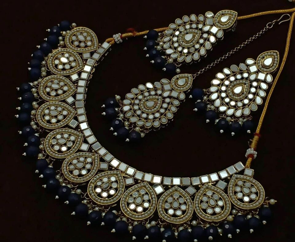 Primary image for Latest Ethnic Mirror Work Gold Plated Jewelry Necklace Earrings Tikka Set New