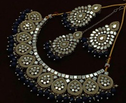 Latest Ethnic Mirror Work Gold Plated Jewelry Necklace Earrings Tikka Se... - $50.96
