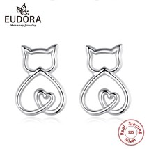 real 925 Sterling Silver Cute Kitty Cat Ear Stud Animal earring for Women Silver - £12.70 GBP
