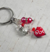Heart Glass Crystal Rhinestone Beaded Handmade Split Ring Keychain Red W... - £13.23 GBP