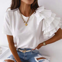 O Neck Solid Blouse Shirt Layered Ruffle Tops Blusa - £13.84 GBP