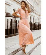Pink V Neck High Waist Lace Maxi Dress - $43.40