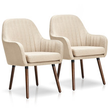 Costway Set Of 2 Accent Chairs Fabric Upholstered Armchairs W/Wooden Legs Beige - £259.46 GBP