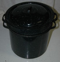 Vintage Graniteware Black &amp; White Speckle Steamer Cooker Pot Strainer Canner - £28.05 GBP