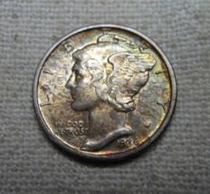 1936-D 90% SILVER MERCURY DIME COLORFUL TONING AU ALMOST UNCIRCULATED - £21.35 GBP