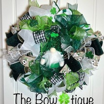 13” St. Patrick’s Day Ribbon Wreath Gnomes : Green &amp; White Handmade MW10 - $50.00