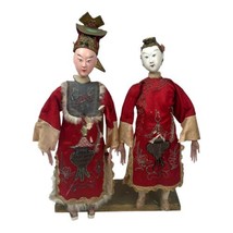 Pair Antique Chinese Handmade Wedding Dolls Ceremonial Silk Attire Headd... - £330.86 GBP