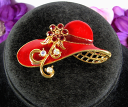 Vintage RHINESTONE FLOWER On Red Enamel HAT PIN Avon Brooch Goldtone 2 3/8&quot; - $17.81