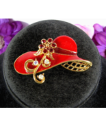 Vintage RHINESTONE FLOWER On Red Enamel HAT PIN Avon Brooch Goldtone 2 3/8&quot; - $328.21 MXN