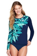 Lands End Women&#39;s Long Sleeve Swim Tee Rash Guard Deep Sea Cascade Leaf New - £31.59 GBP