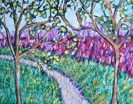 Painting Apple Trees Original Signed Art Impressionism Landscape Nature Path - £20.56 GBP